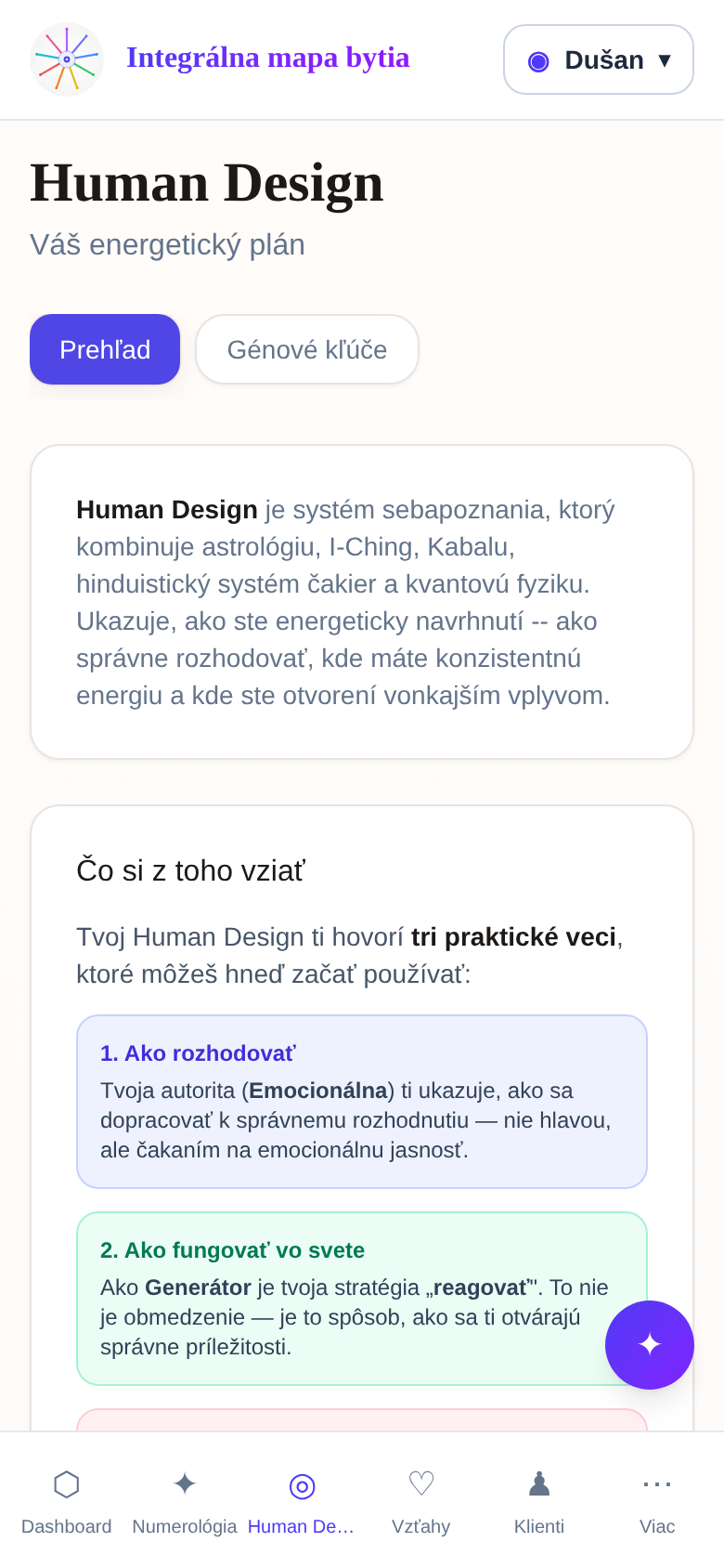 Ukážka aplikácie — Human Design